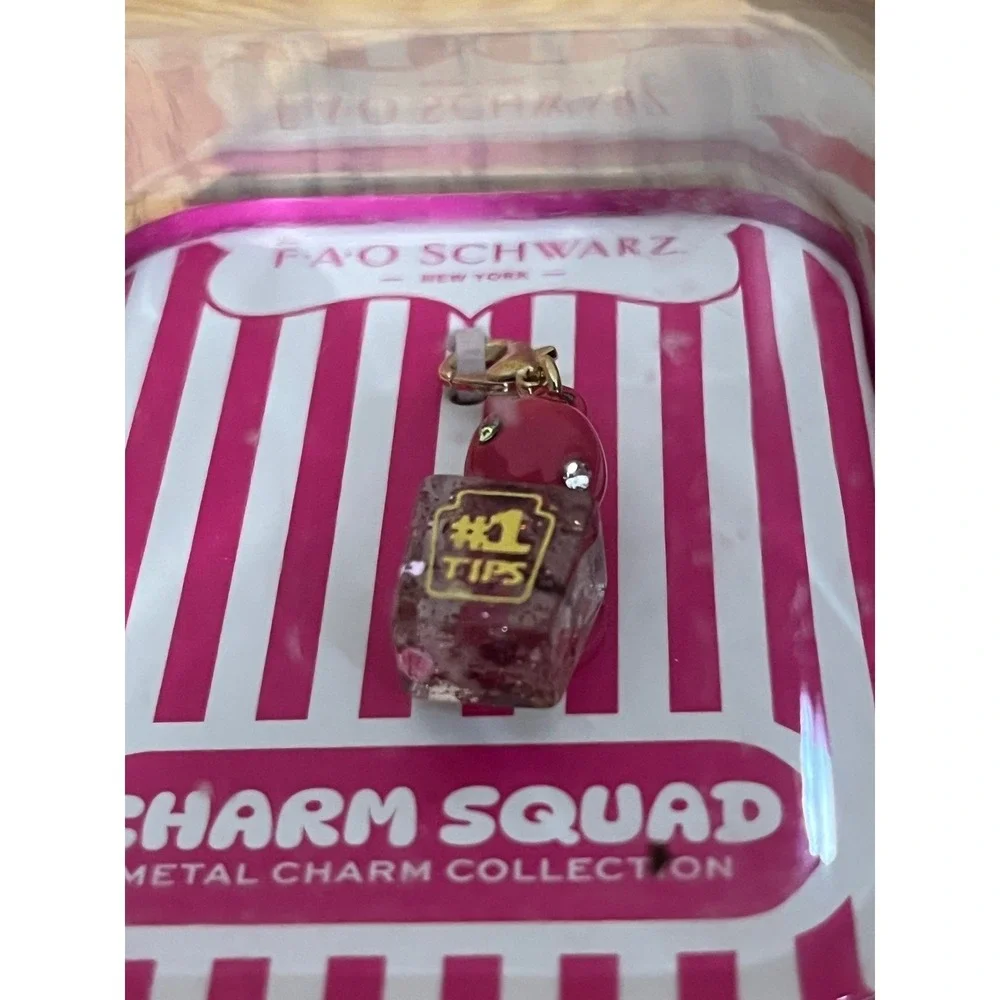 FAO Schwarz Charm Squad Metal Charm Pink #1 Tips Glitter Resin Lobster Clasp NEW